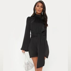 Black Hammered Satin Drape High Neck Shift Dress